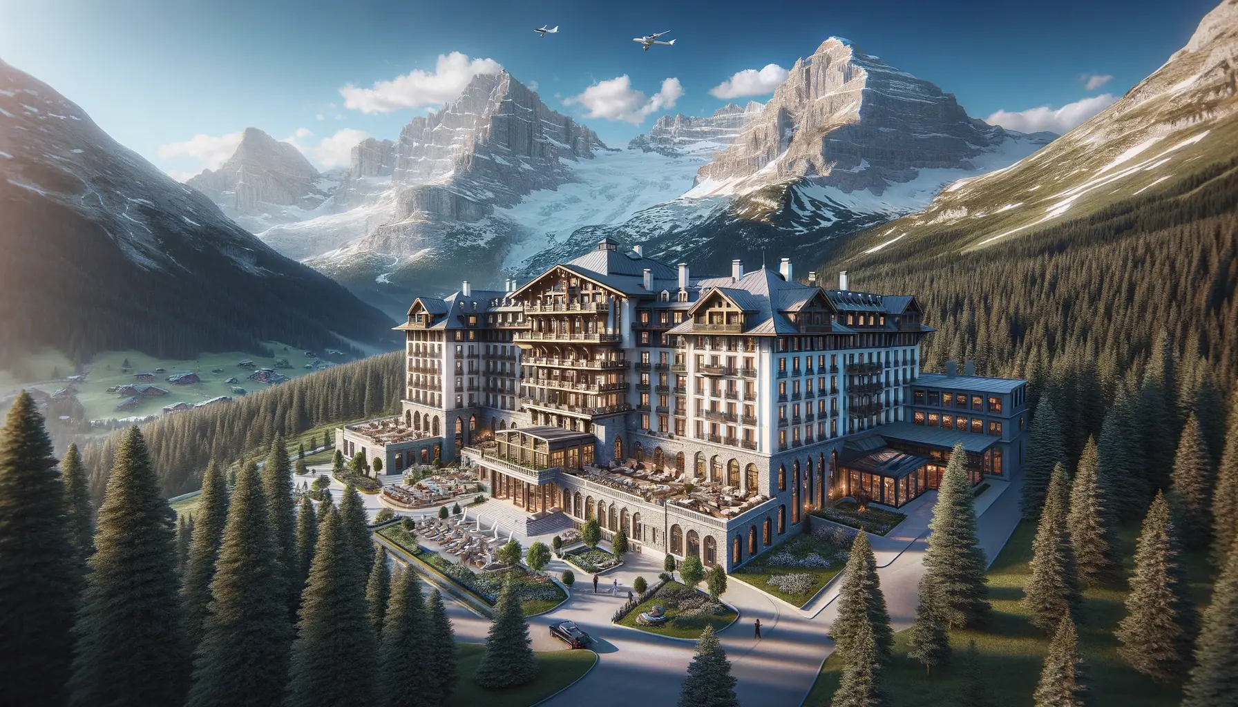 Grand hotel in a mountain setting.