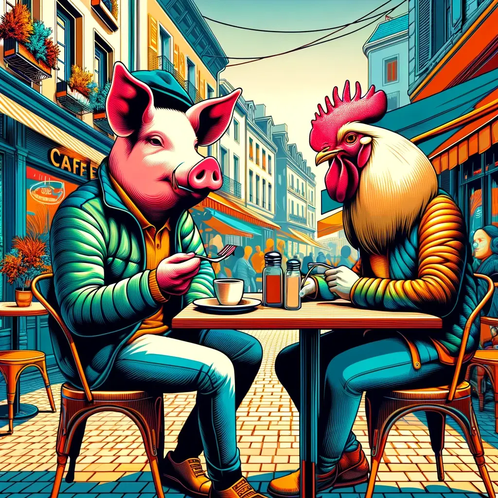 Chicken and pig sitting down at a cafe.