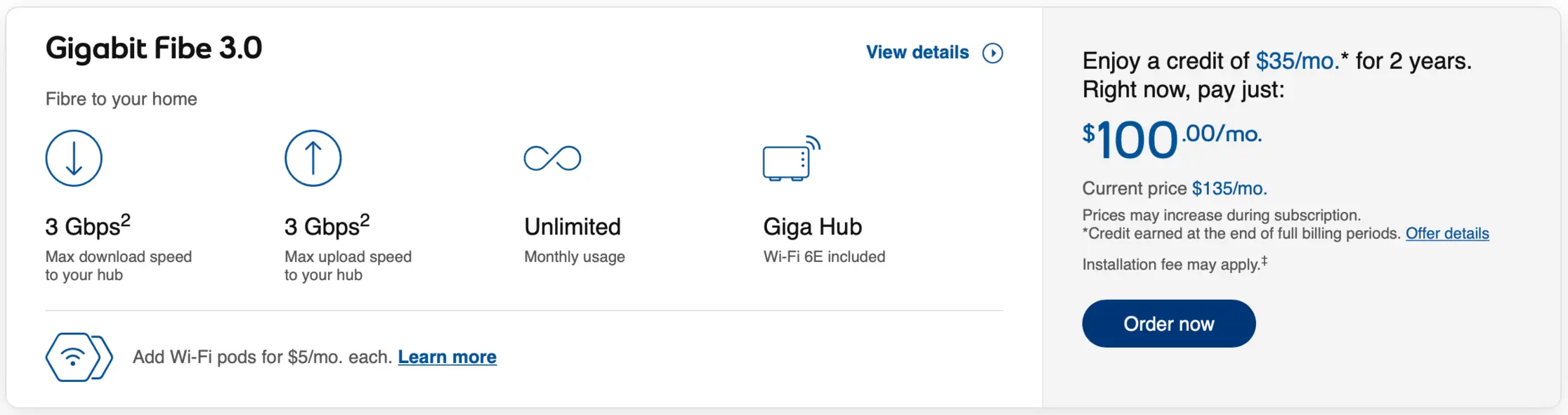 Sample Canadian monthly internet costs