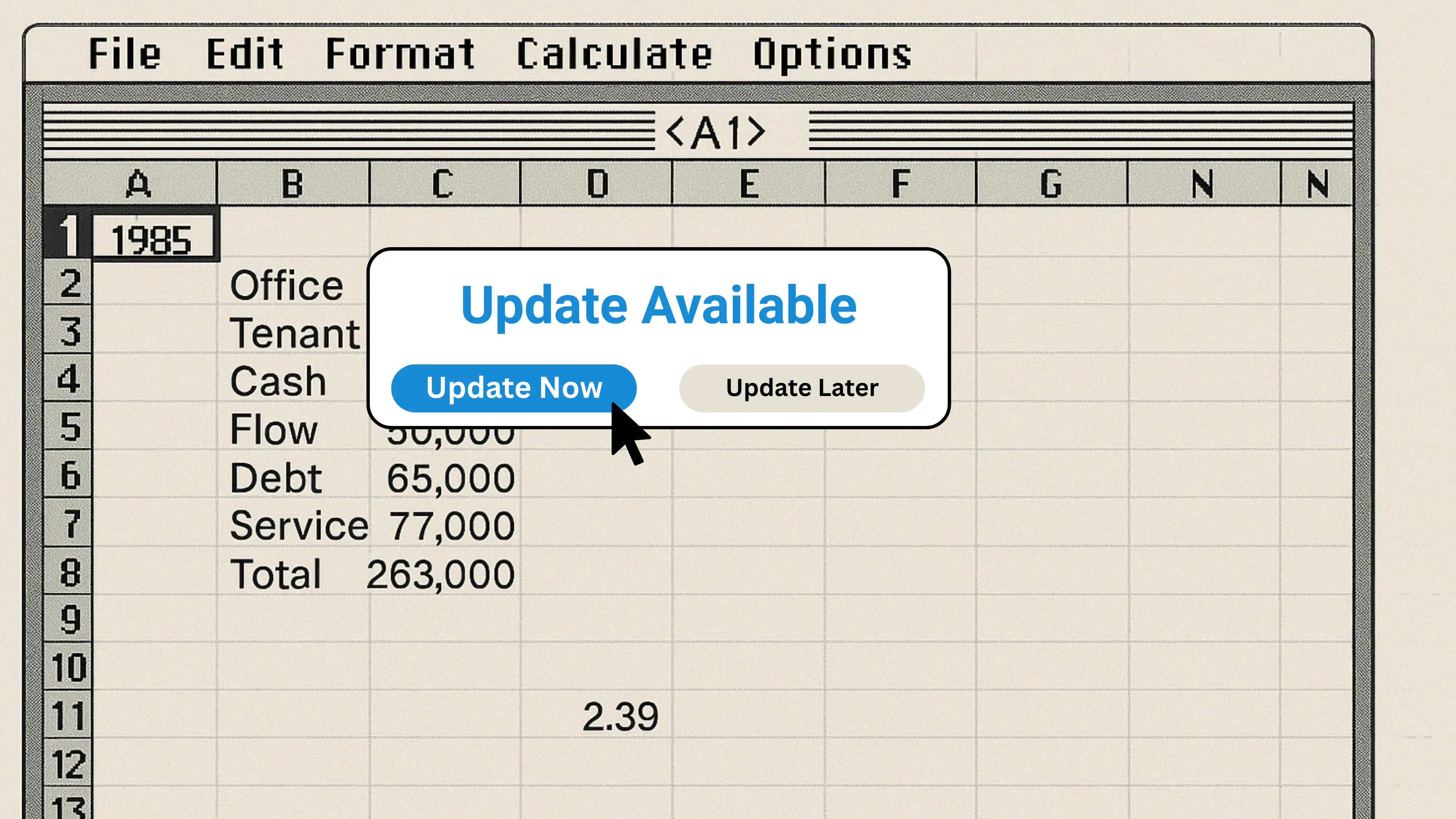 Update available modal over old spreadsheet software.