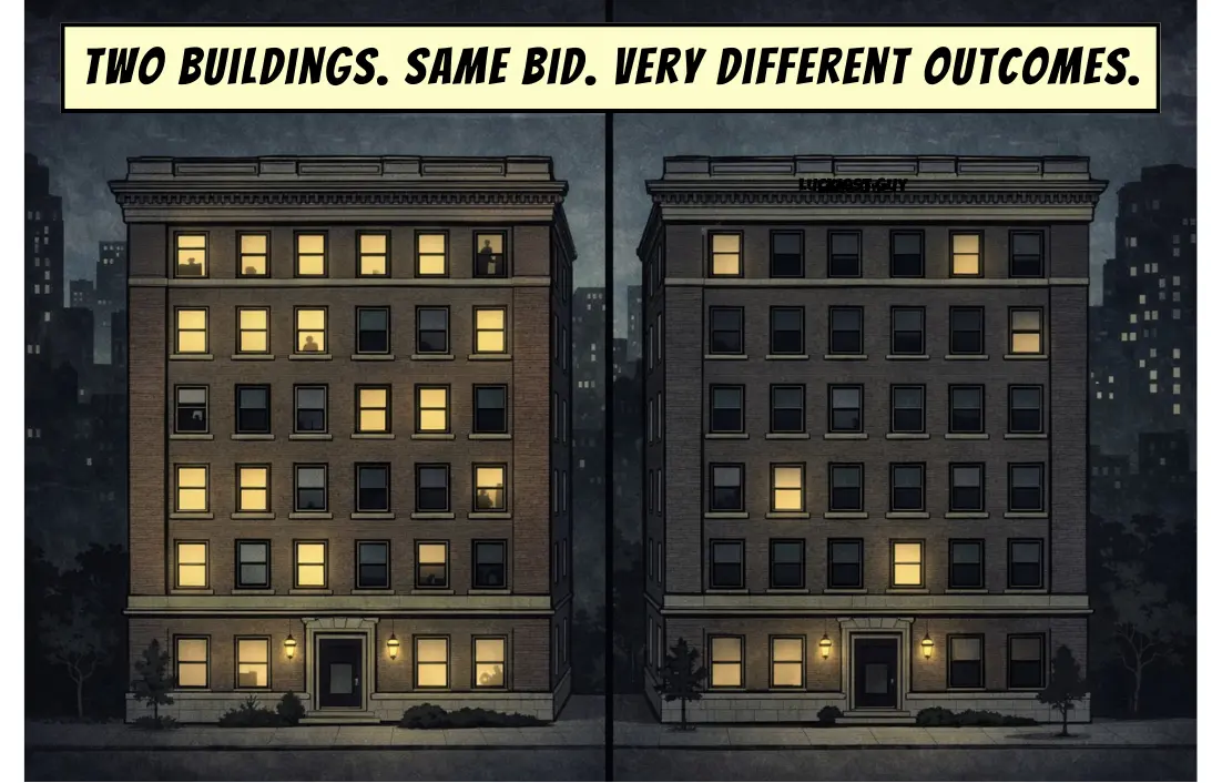 Two different buildings with the same embedded rent can have very different outcomes